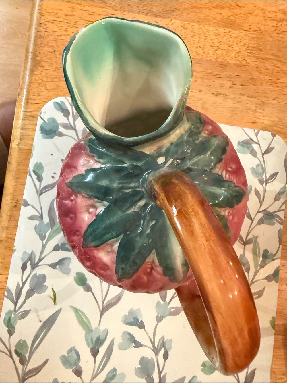 Hand-Painted Ceramic Strawberry Pitcher in Pink and Green